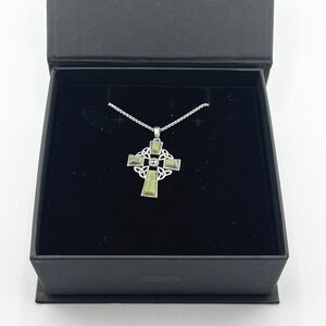 The Irish Store Celtic Knot Cross Pendant Necklace Green Stone Silver Tone